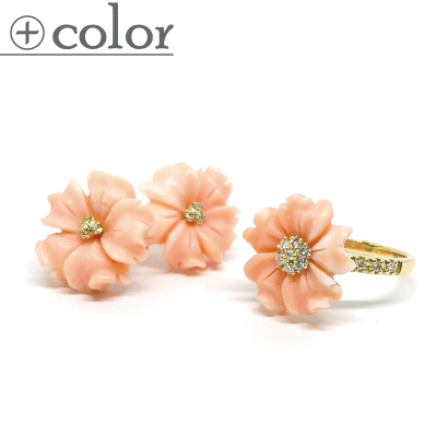 愛らしいピンクの花びら珊瑚リング&ピアス