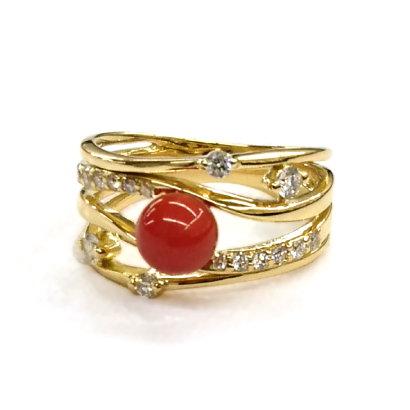 ダイヤをちりばめた珊瑚の幅広リング