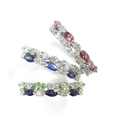 コンビネーションカラーストーンの一文字リング