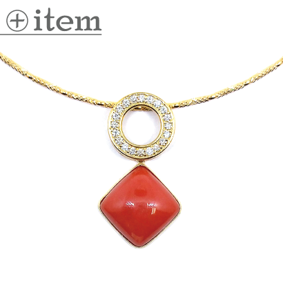 サークルダイヤとスクエア珊瑚のモダンネックレス